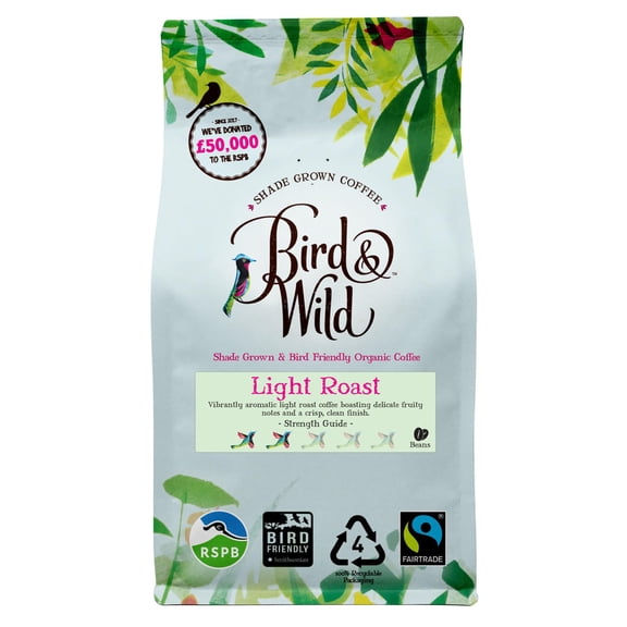 Light Roast Fairtrade Organic Coffee Beans 200g - Shade Grown Bird Friendly Coffee - Bird And Wild - All Machines - Donation to RSPB - Strength 3