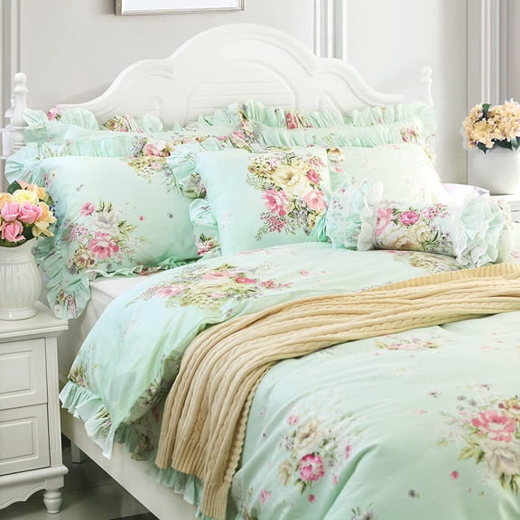 Light Robin Egg Blue Duvet Cover Sets Floral Girls Bedding Set 100% Cotton Ruffled Farmhouse Bedding for Women Elegant Garden Style Dorm Bedding (3-Piece, Full Size)
