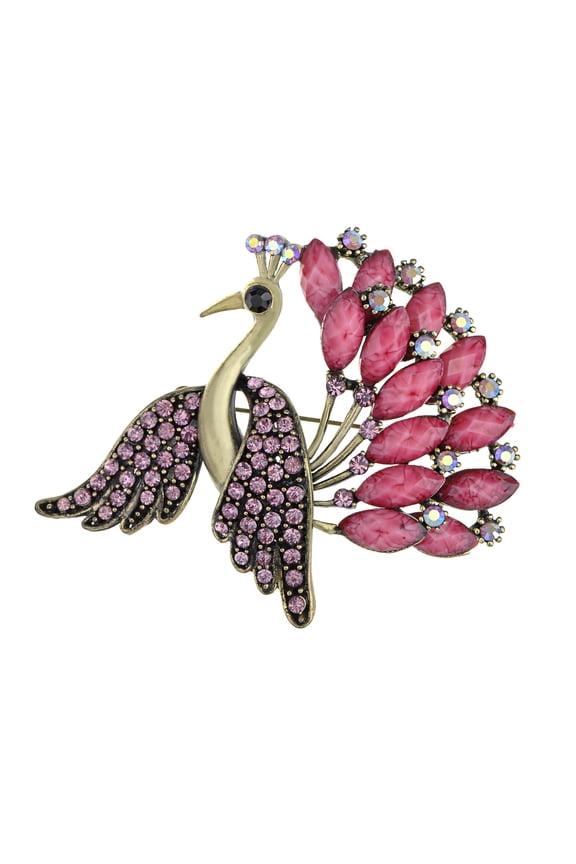 Light Rose Iridescent Color Rhinestone Crystal Pink Bead Feather Peacock Bird Brooch Pin