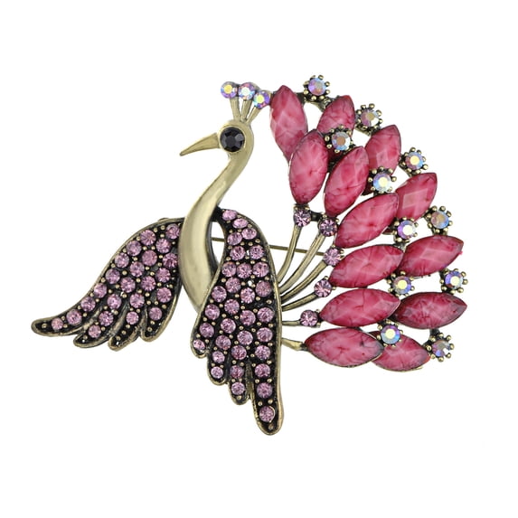 Light Rose Iridescent Color Rhinestone Crystal Pink Bead Feather Peacock Bird Brooch Pin