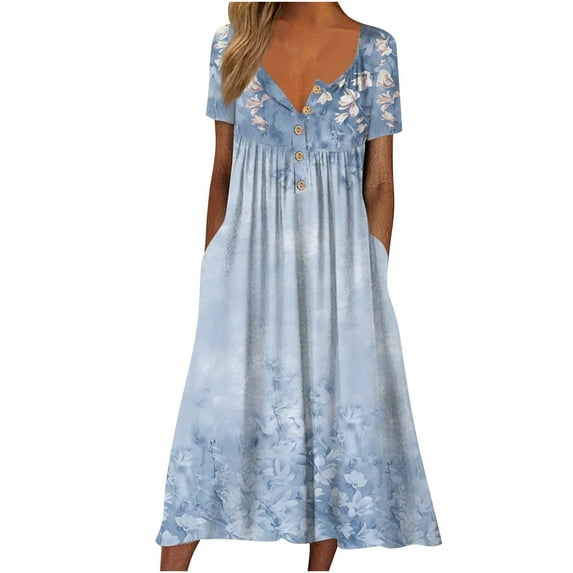 Light Royal Blue Beach Brunch Button Down Dresses for Women Summer Fall Short Sleeve V Neck Floral Graphic Maxi Long Loose Fit Hawaiian Tropical Dresses Sun Dresses Ladies 2025 L