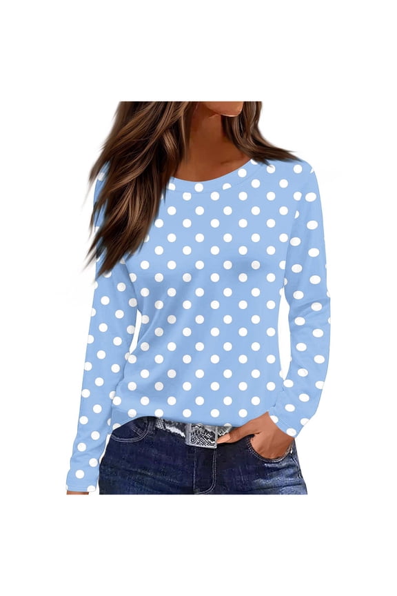 Light Royal Blue Brunch Tee Shirts for Women Fall Summer Long Sleeve Boat Neck Spandex Print Loose Fit Polka Dot Tops Shirts Ladies 2026 Clothes Country Concert S