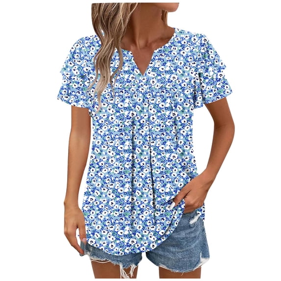 Light Royal Blue Floral Graphic Loose Fit T Shirts for Women Fall Summer Short Sleeve Crewneck Spandex Brunch Ruched Basic Tops T shirt Women 2025 Clothes Y2K S