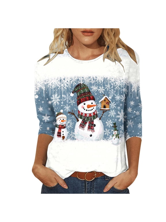 Light Royal Blue Happy Festival Christmas Shirts for Women Summer Fall 3/4 Length Sleeve Crewneck Graphic Loose Fit Tops T shirt Ladies 2026 M