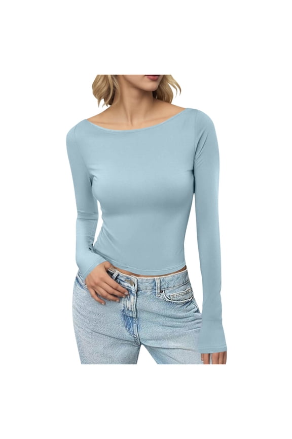 Light Royal Blue Ladies Boat Neck Spandex Top Lounge Blouses for Women Long Sleeve Plain Fall Winter Shirts 2026 Clothing Fashion Country Concert L