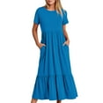 thumbnail image 1 of Light Royal Blue Ladies Lounge Short Sleeve Dresses for Juniors Crew Neck Spandex Maxi Long Loose Fit Tiered Basic Fall Summer 2025 Clothing Trendy Country Concert Y2K L, 1 of 1