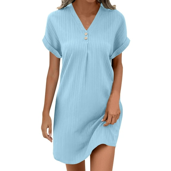 Light Royal Blue Ladies V Neck Spandex Dress for Juniors Spaghetti Strap Short Sleeve Midi Knee Length Lounge Slit Plain Fall Summer Button 2025 Clothing Country Concert Y2K M