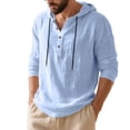 thumbnail image 1 of Light Royal Blue Man Beach Casual Button Long Sleeve Hoodies Coat for Mens Henley Faux Linen Hawaiian Pleated with Hood Paperbag Tropical Basic Fall Summer 2026 Clothing Fashion L, 1 of 5