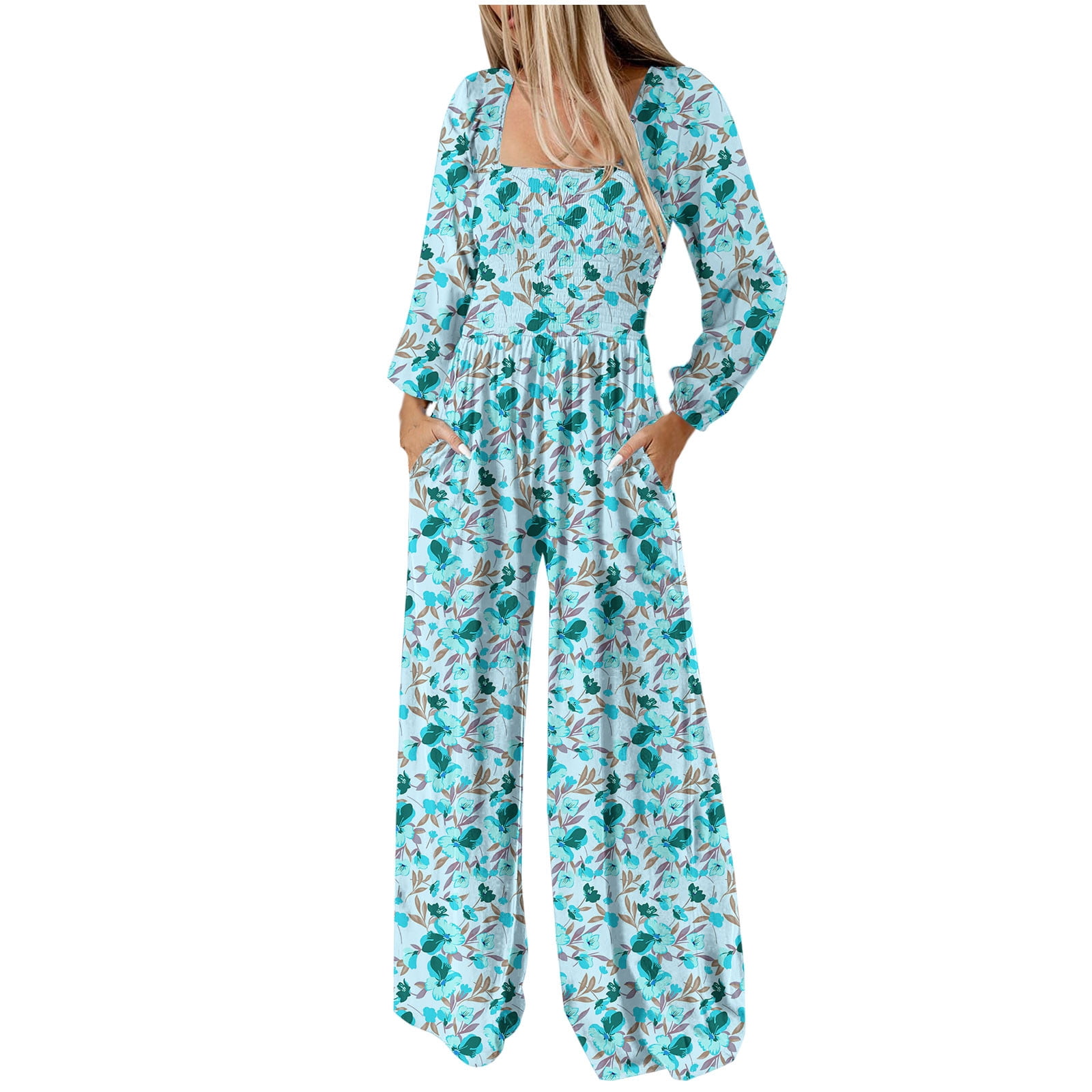 Light Royal Blue Women Jumpsuits Flower Print Loose Fit Jumpsuits ...