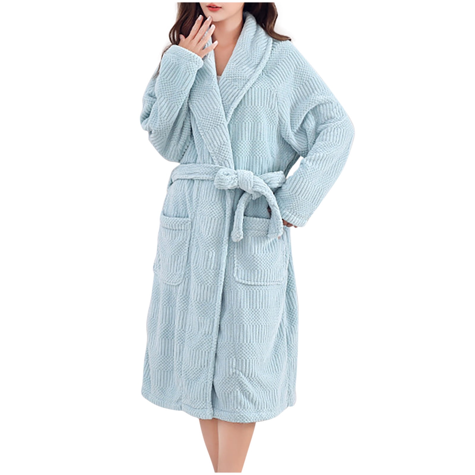 Light Royal Blue Women Thick Plaid Quick Dry Warm with Hood Tie Knot ...