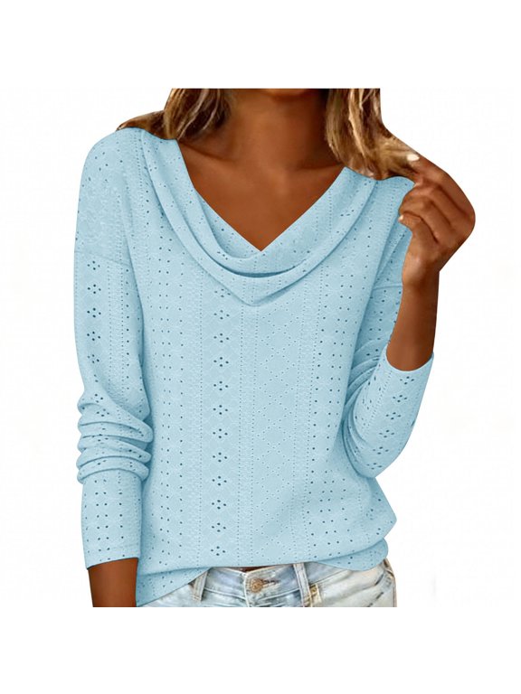 Light Royal Blue Womens Boat Collared Cowl Neck Tops Elegant Blouses for Ladies Long Sleeve Cut Out Ruched Basic Fall Summer Shirts 2026 Soft Comfy Clothing Fashion L