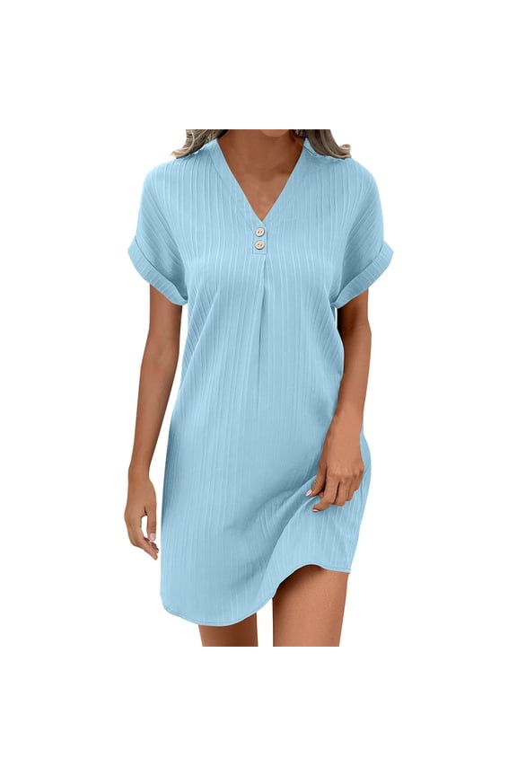 Light Royal Blue Womens Vneck Spandex Dresses for Women Spaghetti Strap Short Sleeve Midi Knee High Brunch Slit Plain Summer Fall Button 2025 Clothes Fashion Country Concert Y2K XXL