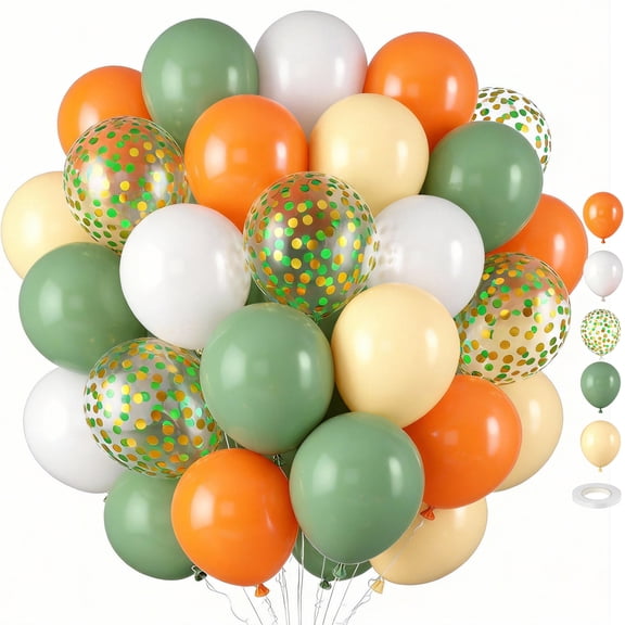 Light Sage Green and Orange Balloons, 50Pcs 12 Inch Sage Green Orange White Latex Balloons Confetti Latex Balloon for Birthday Wedding Baby Shower Fall Party Decorations