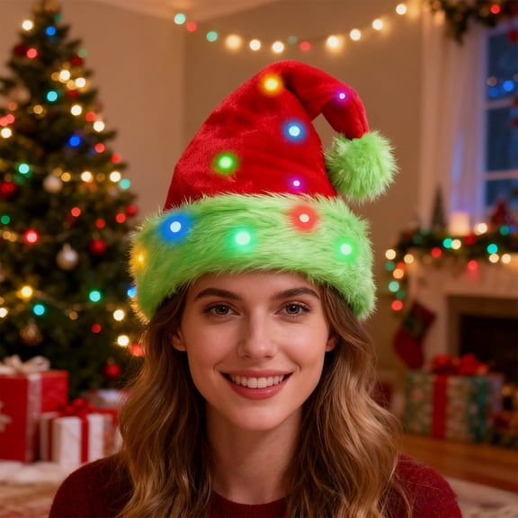 Light Up Santa Hat for Christmas Parties, Battery Operated Flocked Fabric Santa Claus Hat with Multicolor LED Lights, Festive Holiday Costume Accessory for Adults, Family Photos, Xmas Decor