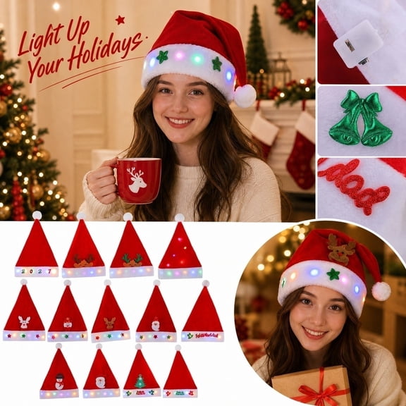 Light Up Santa Style Hat, Christmas Lights Led Glowing Snowman Christmas Cap with Colorful Small Led Lights, Christmas Decorations for Adult Holiday Parties, Led Party Lights