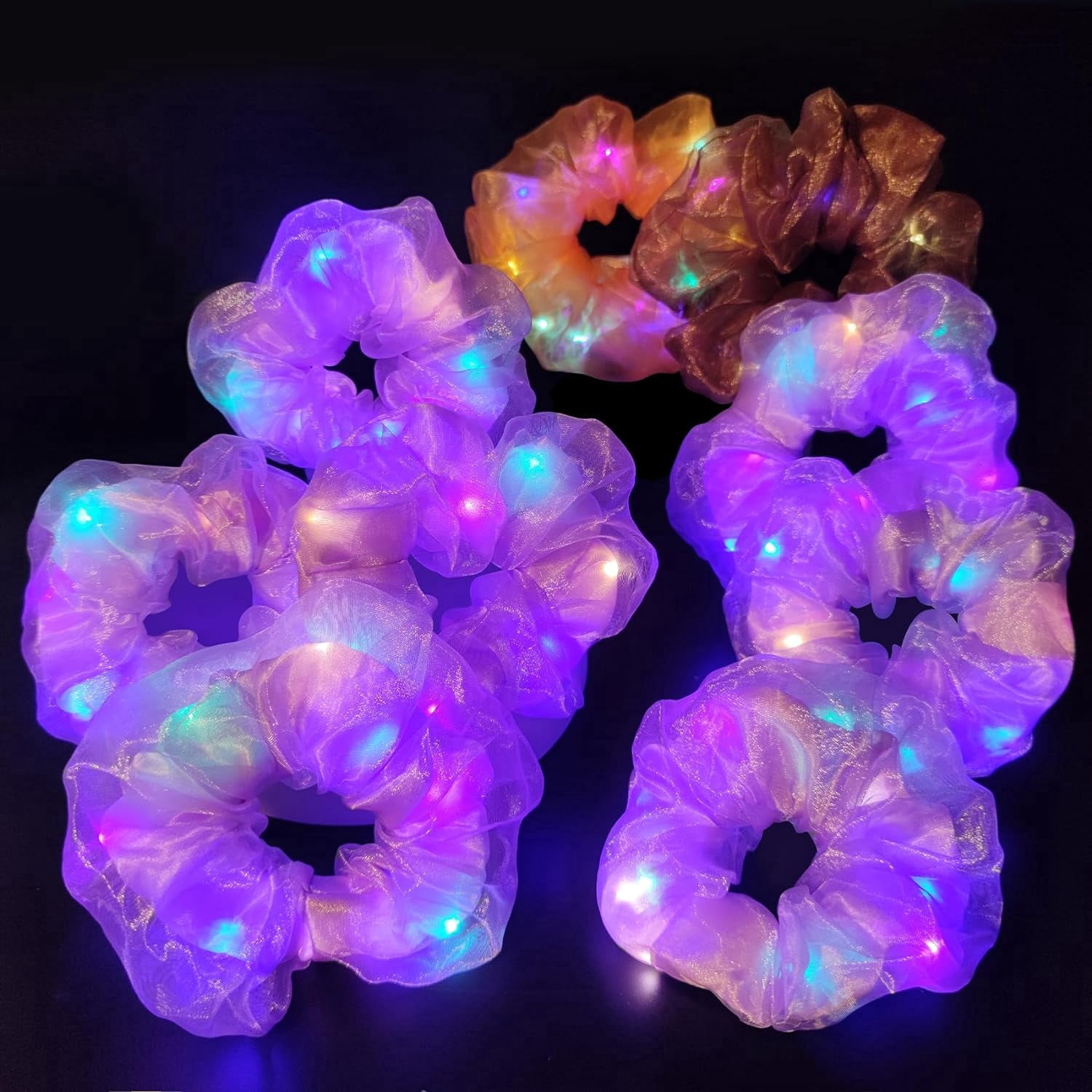 -Light Up Scrunchies -Double-layer LED Scrunchies for Women- Neon, Glow in the Dark Hair Accessories - Hair Ties & Bands - Rave Party Favors & Supplies