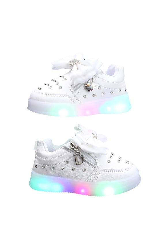 Light up Shoes for Girls Cute Bow Glitter Rhinestone Zipper Flat Walking Shoes Comfortable Nonslip Sneakers Casual Princess Dress Shoes White 6 Toddler