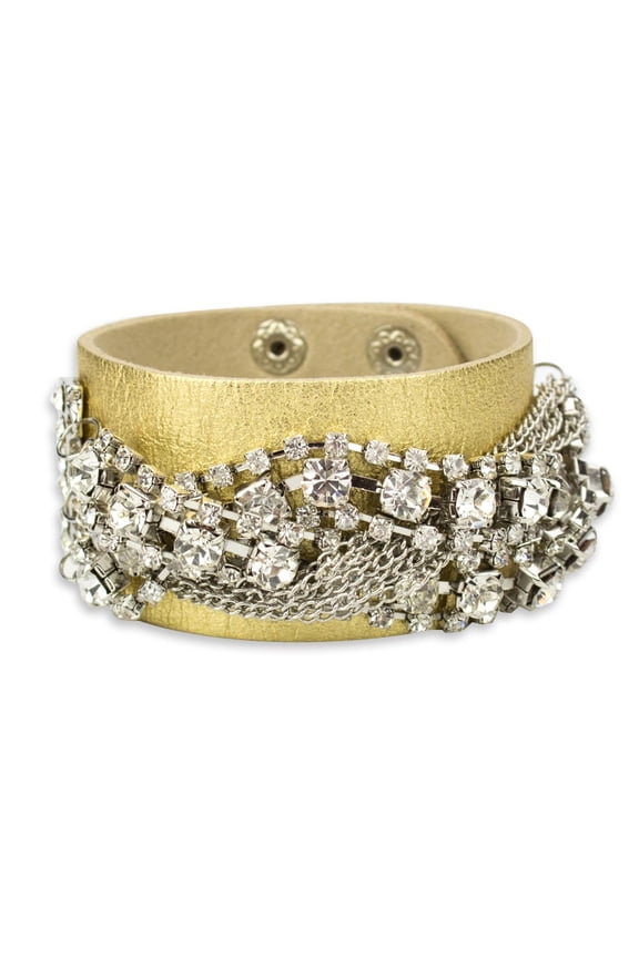 Sparkling Crystal Leather Cuff Bracelet with Chain Detail - Statement Fashion Jewelry Bracelet Gold Silver