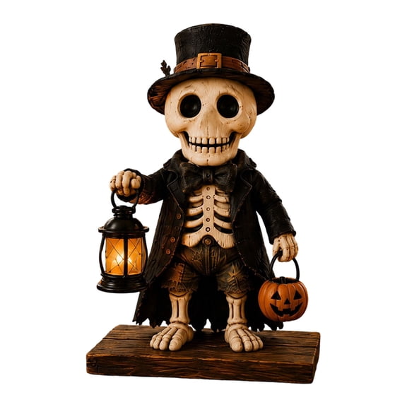 Light Up Skeleton Figurine, Halloween Skeleton Decoration with Warm LED Lantern, Cute Spooky Collectible Statue for Indoor Tabletop, Mantel, Shelf, Desk and Party Decor