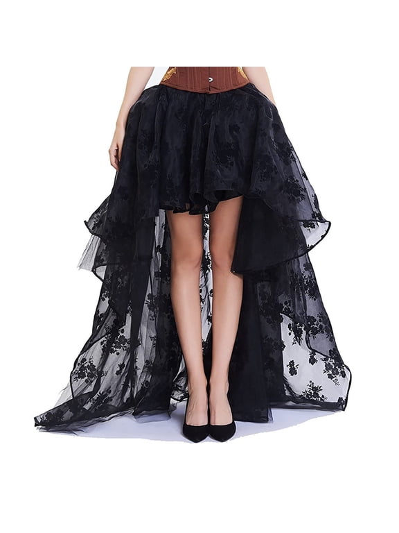 Light Skirt Women's Steampunk Gothic Skirts Floral Print Mesh High Low Maxi Skirts Halloween Costume Wedding Party Casual Wear Black S
