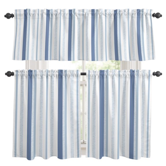 Light Sky Blue Stripe Kitchen Curtains Valances 3 Piece Set, Modern Minimalist Geometric Vertical Bands Rod Pocket Tier Curtain and Valance Drapes for Small Window 36 Inch Length for Bedroom Cafe