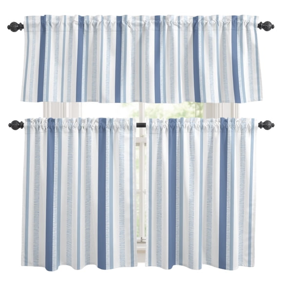 Light Sky Blue Stripe Kitchen Curtains Valances 3 Piece Set, Modern Minimalist Geometric Vertical Bands Rod Pocket Tier Curtain and Valance Drapes for Small Window 24 Inch Length for Bedroom Cafe