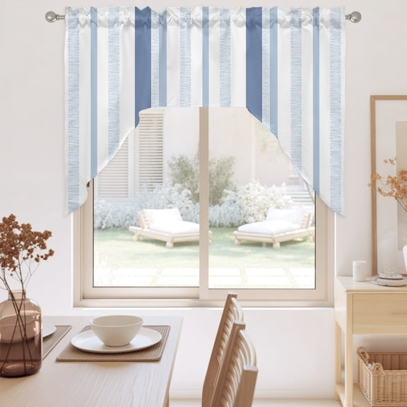 Light Sky Blue Stripe Swag Valance for Windows, Modern Minimalist Geometric Vertical Bands Swag Curtains Valances for Small Window Treatment Rod Pocket for Kitchen Bathroom 1 Panel 56x36in