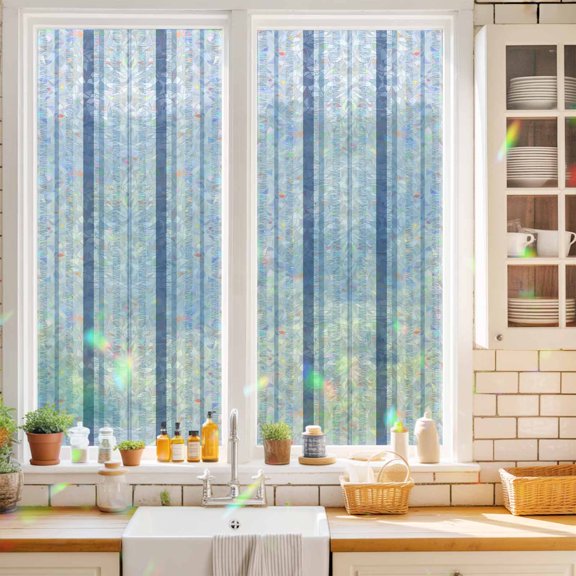 Light Sky Blue Stripe Window Privacy Film Modern Minimalist Geometric Vertical Bands Static Cling Stained Glass Window Film Non-Adhesive Decorative Decals Rainbow Sticker 17.7"X39.3"