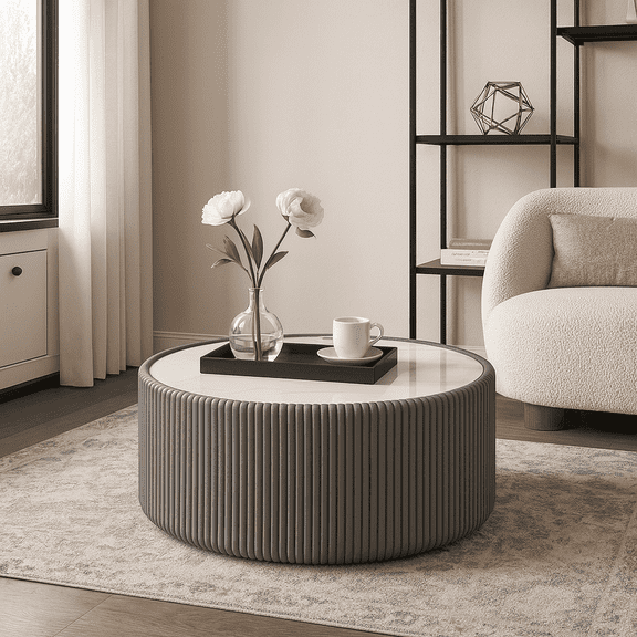 Light Slate Top Cylinder Shape Leather Coffee modern Sofa Table for Living Room furniture