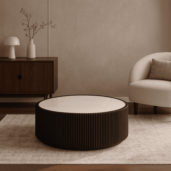 Light Slate Top Cylinder Shape Leather Coffee modern Sofa Table for Living Room furniture