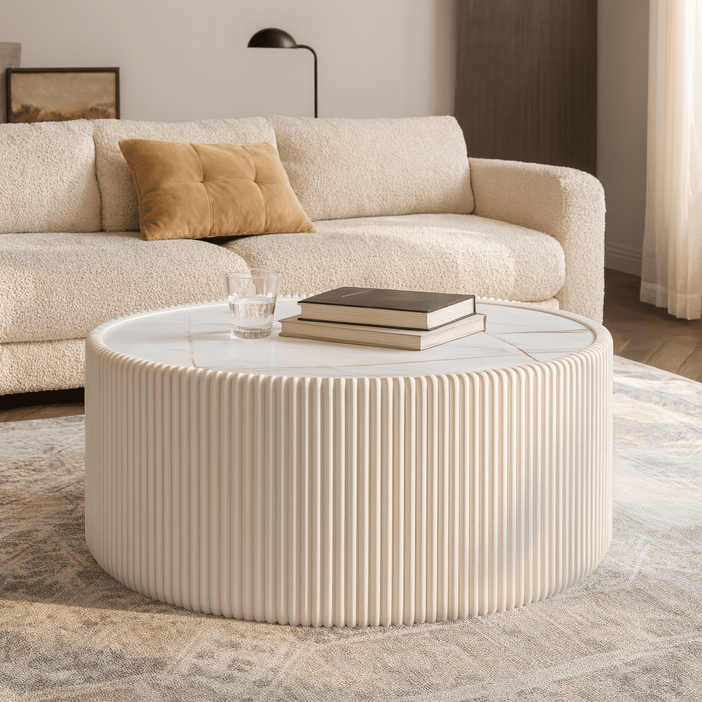 Light Slate Top Cylinder Shape Leather Coffee modern Sofa Table for Living Room furniture