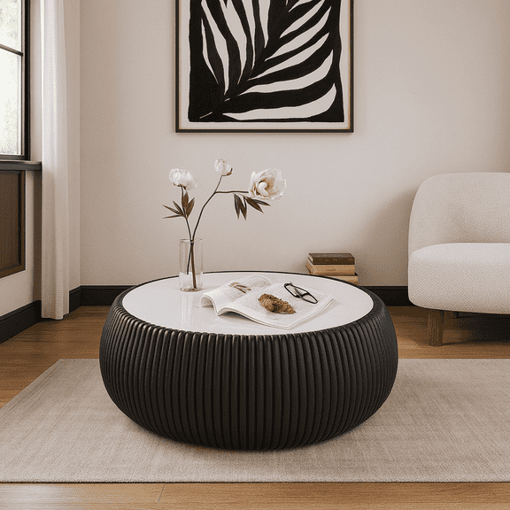 Light Slate Top Drum Shape Leather Coffee modern Sofa Table for Living Room furniture