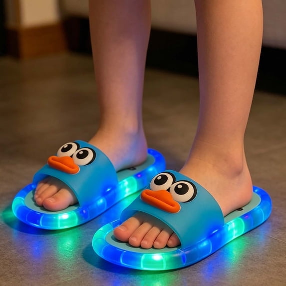 Light Up Slippers for Girls Boys Motion Sensor LED Slides With Cartoon Eyes, Non- Sole, Indoor Outdoor Use, Pink Comfort Sandals for Girls Boys(Blue,6-7 Years)