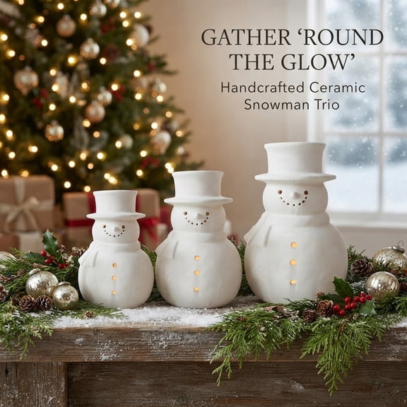 Light Up Snowman Figurine, Ceramic LED Snowman Decor with Warm Glow, Handmade White Snowman Statue for Winter Holiday Tabletop Mantel Home Decoration, 3 Sizes Available