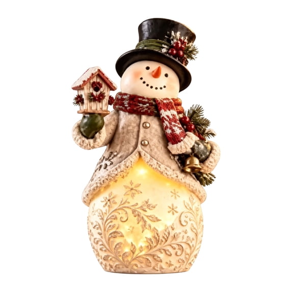 Light Up Snowman Figurine Christmas Tabletop Decor, Warm LED Glow, Carved Snowflake Design, Resin Winter Snowman Statue for Mantel Shelf Indoor Holiday Decoration & Christmas Gift