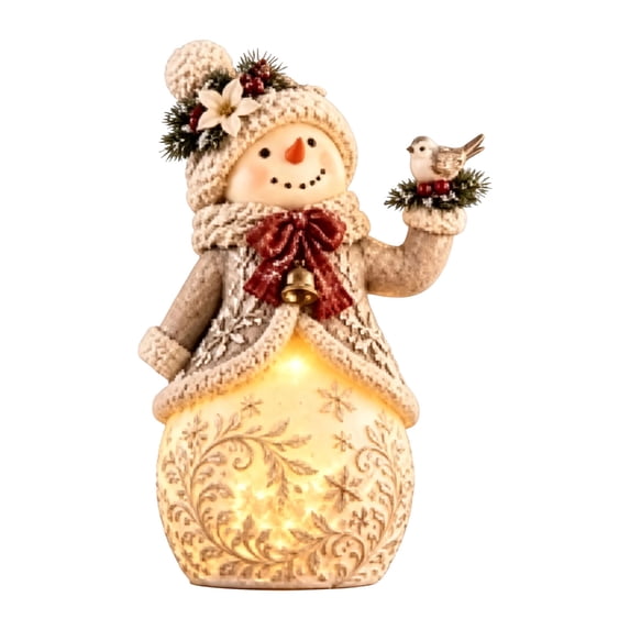Light Up Snowman Figurine Christmas Tabletop Decor, Warm LED Glow, Carved Snowflake Design, Resin Winter Snowman Statue for Mantel Shelf Indoor Holiday Decoration & Christmas Gift