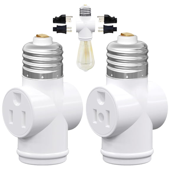 Light Socket Adapter, Convert E26 Light Socket to 3-Prong Outlet Adapter and Light Bulb Socket, 1 Pack(White) White,2