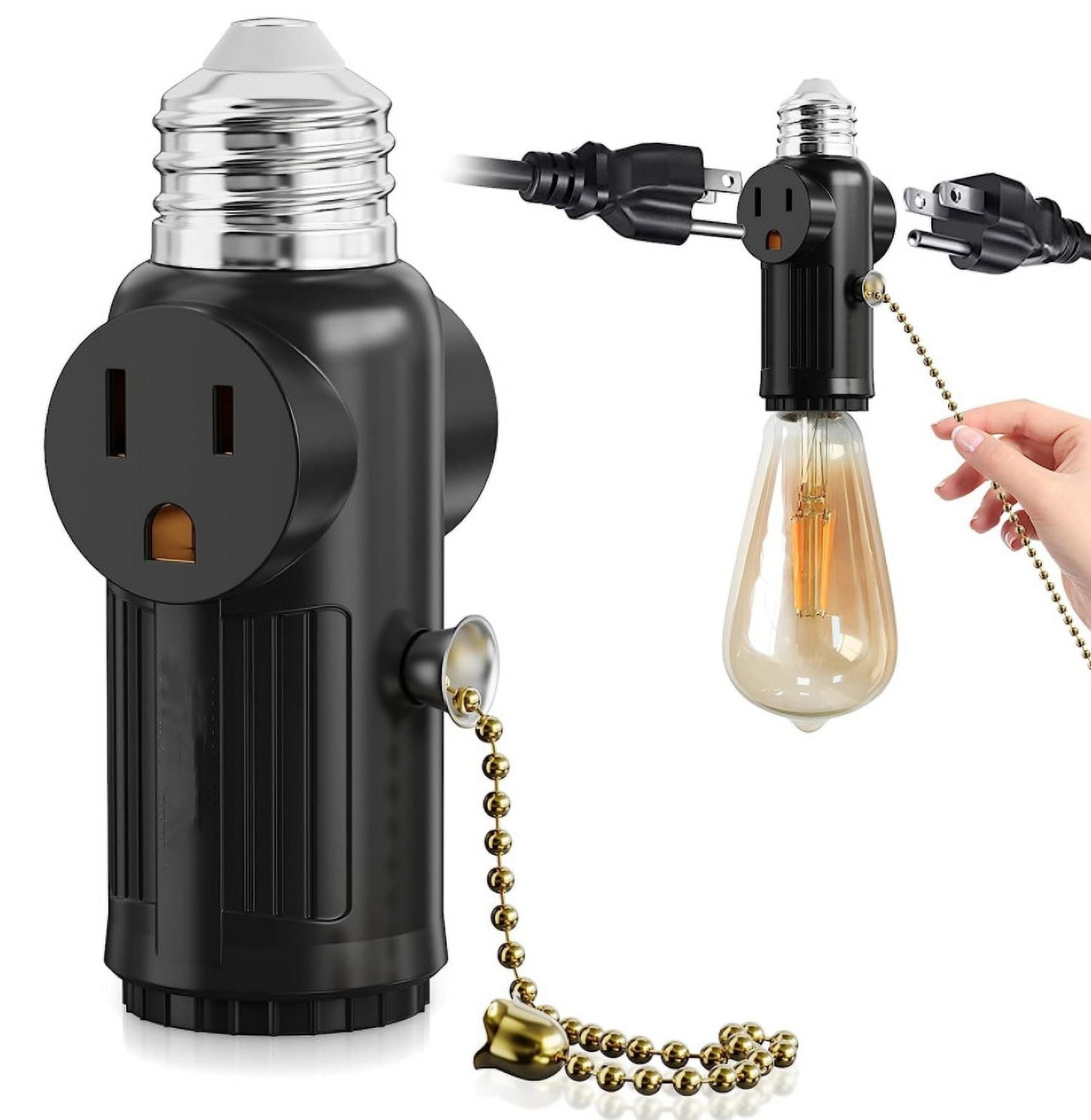 Light Socket To Plug Adapter with Pull E26 Bulb Splitter Double 3prong