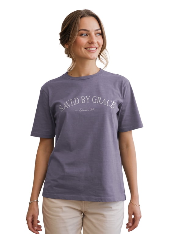 Unisex Boxy Short Sleeve T-Shirt Saved By Grace, Dusty Purple, LG
