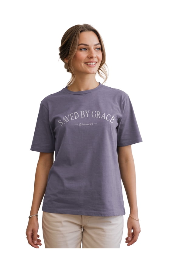 Unisex Boxy Short Sleeve T-Shirt Saved By Grace, Dusty Purple, SM