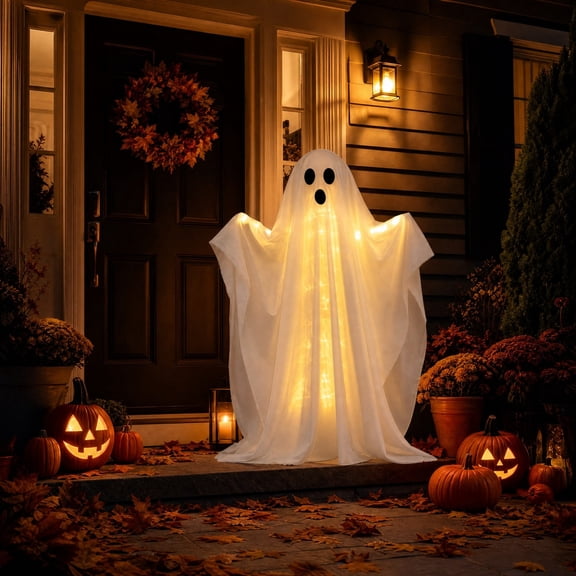Light Up Standing Ghost Halloween Decor - Spooky Soft Fabric Figure with Warm LED Lights for Indoor and Outdoor Use - Perfect for House Parties, Photo Backdrops, and Halloween Decorations
