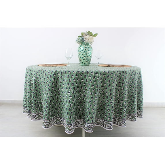 Light Steel Blue 100% Cotton Spring Summer Round Tablecloth, Block Print Table Cloth for Dining, Weddings, Outdoors, Parties, Grand Millenial Home 60" Inches Round