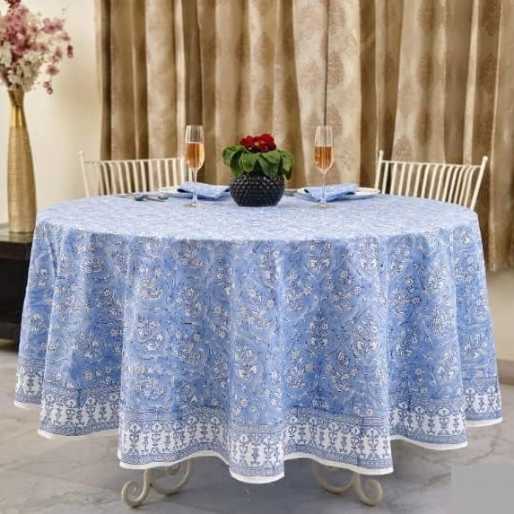 Light Steel Blue 100% Cotton Spring Summer Round Tablecloth, Block Print Table Cloth for Dining, Weddings, Outdoors, Parties, Grand Millenial Home 60" Inches Round