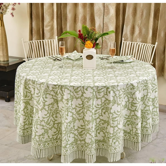 Light Steel Blue 100% Cotton Spring Summer Round Tablecloth, Block Print Table Cloth for Dining, Weddings, Outdoors, Parties, Grand Millenial Home 60" Inches Round