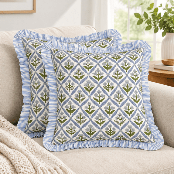 Light Steel Blue Block Print Ruffleow Covers 20x20 Inch Set Of 2 ...