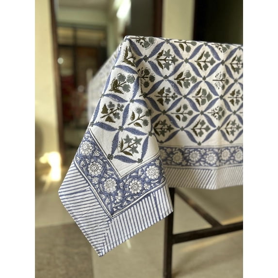 Light Steel Blue, Olive Green Hand Block Printed Cotton Tablecloth, Dining Table Cover Farmhouse Party Wedding Home Housewarming Baby Shower
