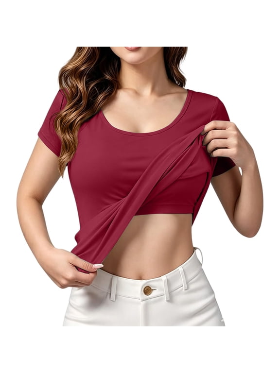 Light Summer Casual Short Sleeve Shirts with Attached Support Padding for Women, Soft Shelf Bra Athletic T Tops for Workout Home Relax Outdoor Trips
