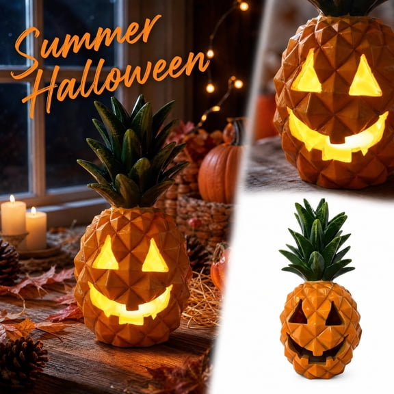 Light Up Summer Halloween Pineapple Jack-O'-Lantern Decor, Tropical Pineapple Pumpkin Statue Lamp Accent for Patio Tabletop, Tiki Bar, Summerween Party Decor, Unpowered Light Included