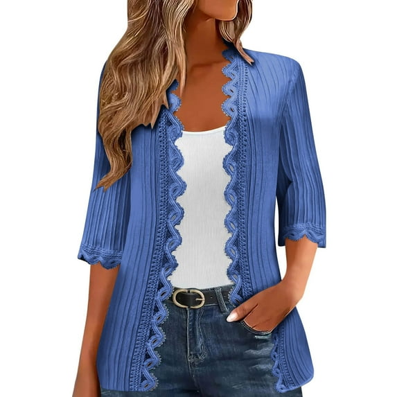 Light Summer Jacket Women New Elegant Sweaters for Women 3/4 Length Sleeve Open Front Cardigans Summer Lightweight Loose Casual Coat Blue XXL