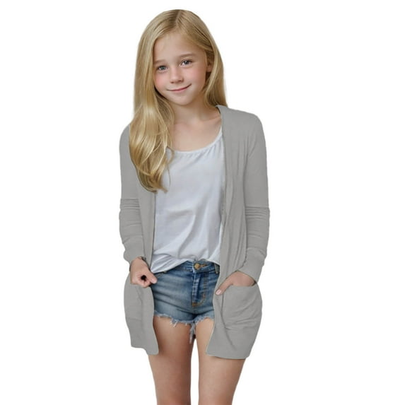 Light Sweaters for Girls Fall Work New Girls Long Sleeve Open Front Cardigan Outerwear Solid Color Casual Lightweight Fall Jackets with Pockets Gray 11 Years